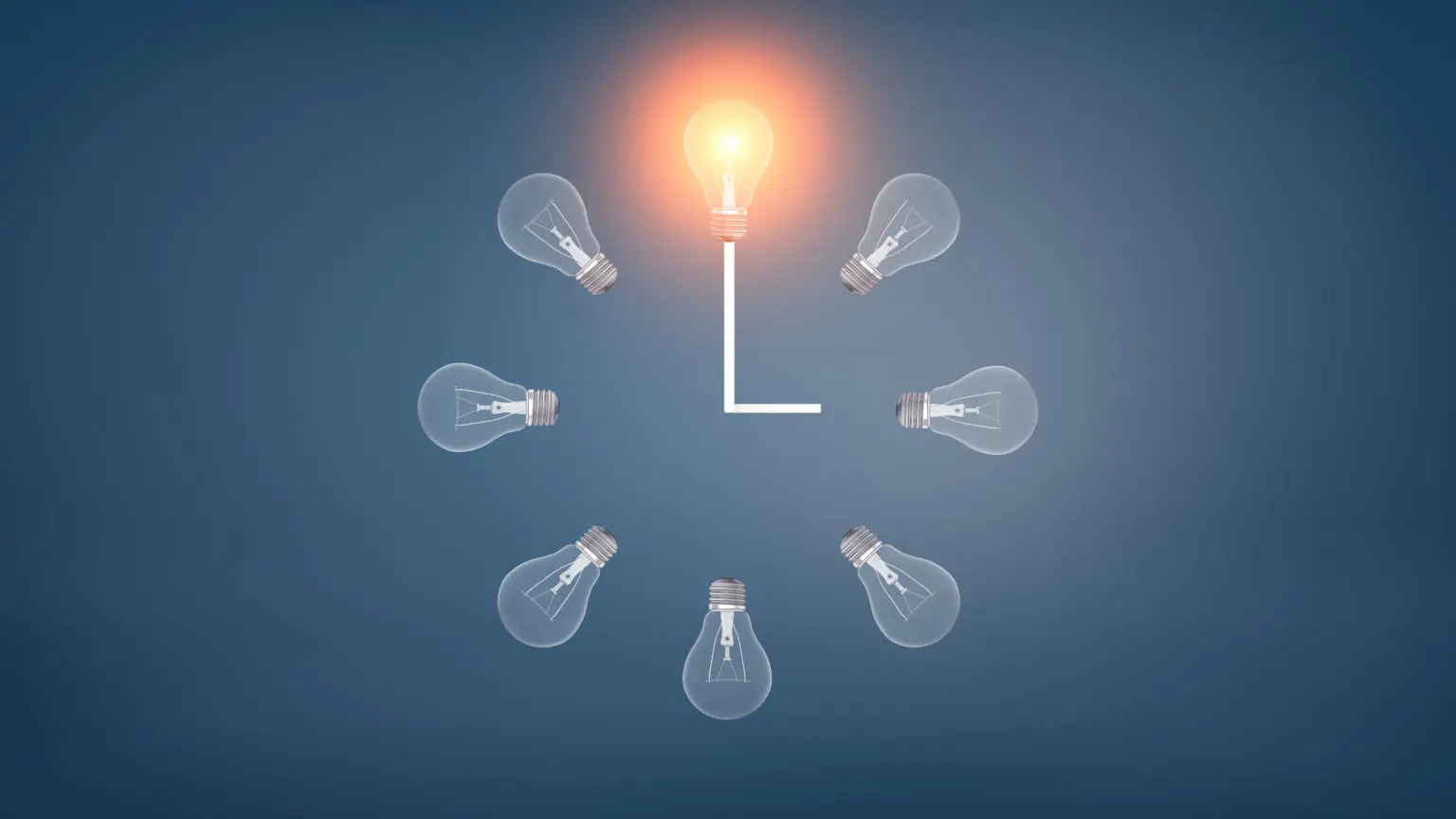 3d rendering of a several incandescent light bulbs arranged in the clock shape with one glowing bulb on the top.