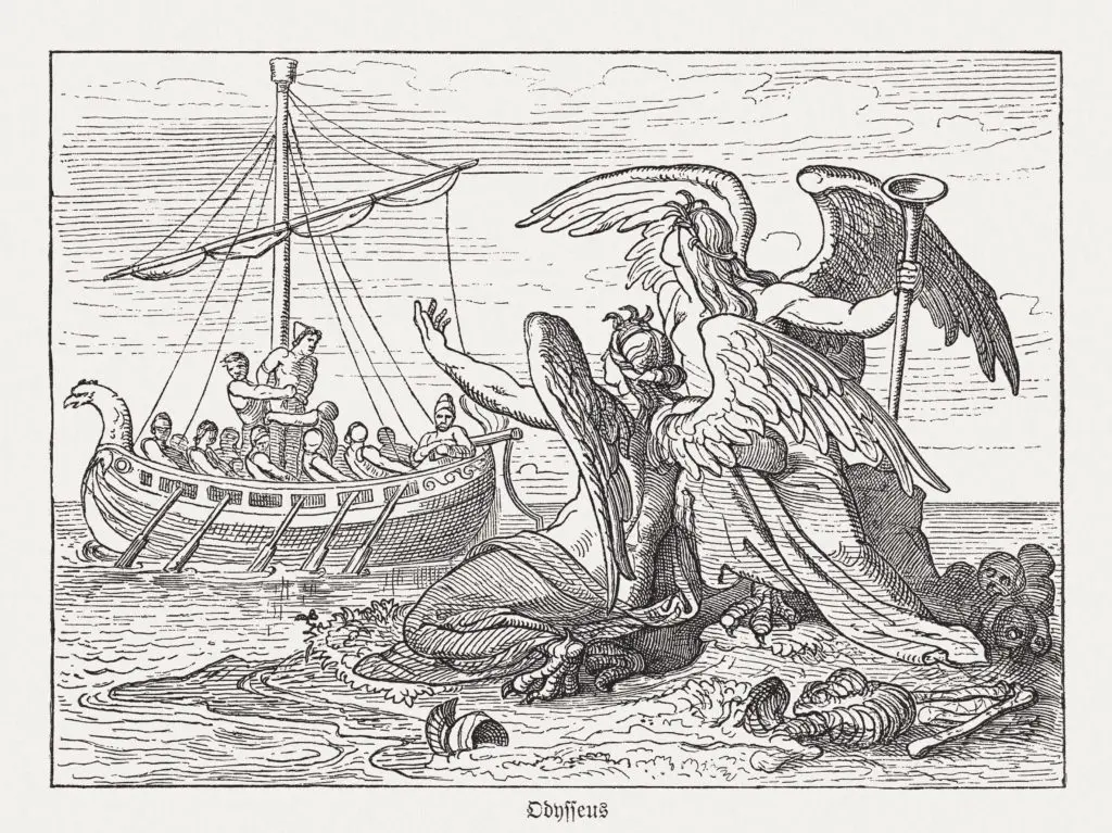 Ulysses and Sirens, Greek mythology, wood engraving, published in 1880