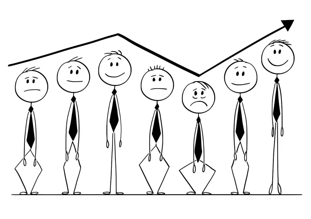 Cartoon of Group of Businessmen Rising Up and Down With Arrow of Graph