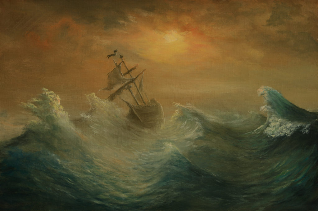 Oil painting of a wooden sailing ship on a stormy sea